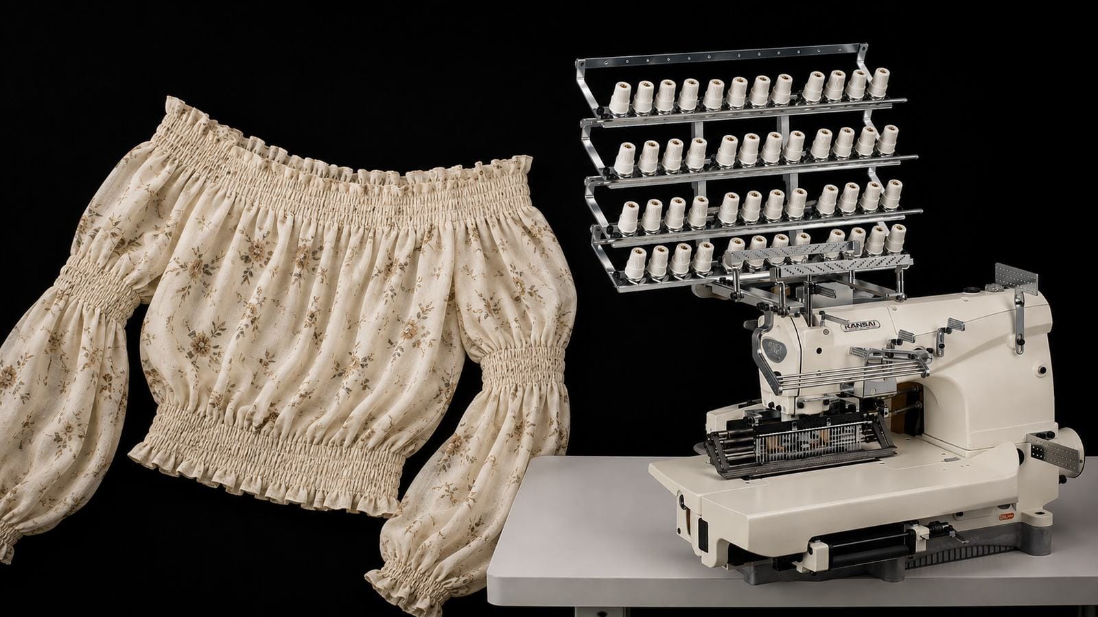 Multi-needle chainstitch machine next to a gathered garment